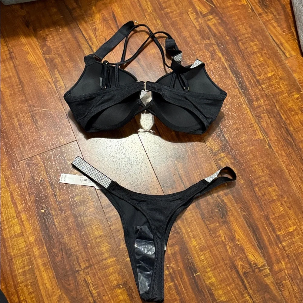 Victoria’s Secret Black Rhinestone Push-Up Bikini Top & Thong Bottoms